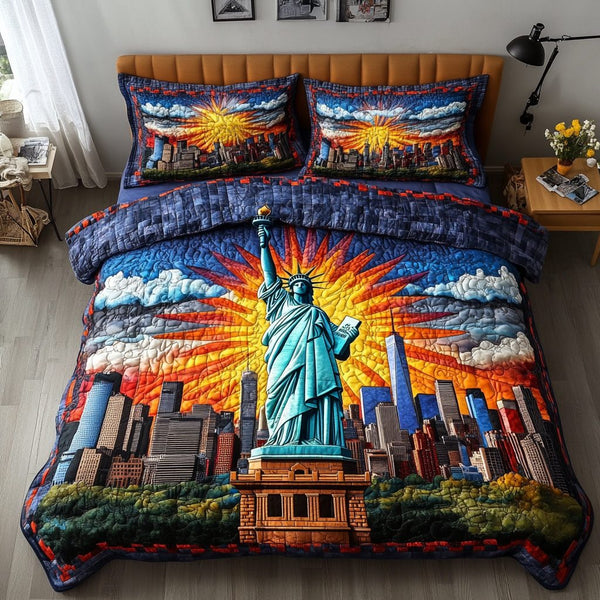 Liberty Pride quilted 3-piece bedding set on a made bed in a warmly lit bedroom