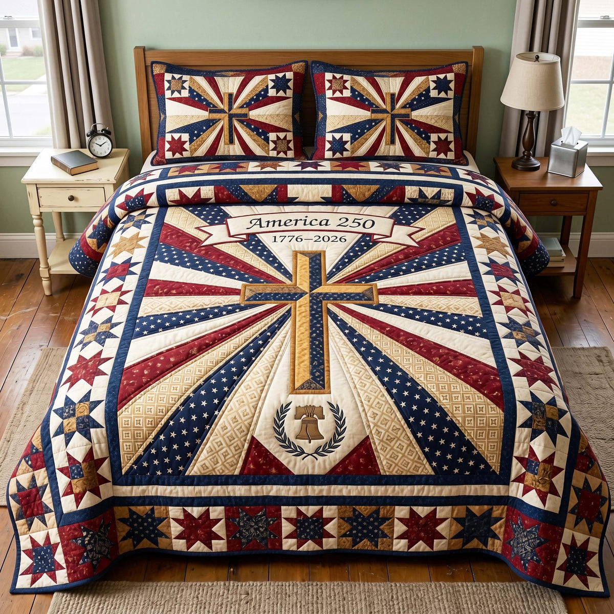 Liberty Rays quilted 3-piece bedding set on a made bed in a warmly lit bedroom