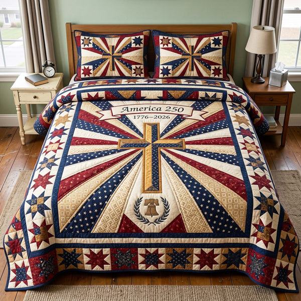 Liberty Rays quilted 3-piece bedding set on a made bed in a warmly lit bedroom