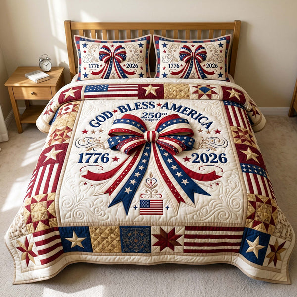 Liberty Ribbon quilted 3-piece bedding set on a made bed in a warmly lit bedroom