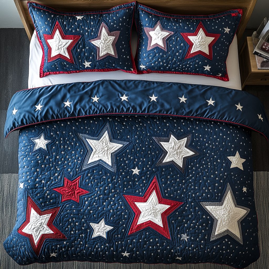 Liberty Shine quilted 3-piece bedding set on a made bed in a warmly lit bedroom