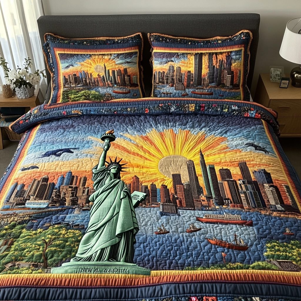 Liberty Spirit quilted 3-piece bedding set on a made bed in a warmly lit bedroom