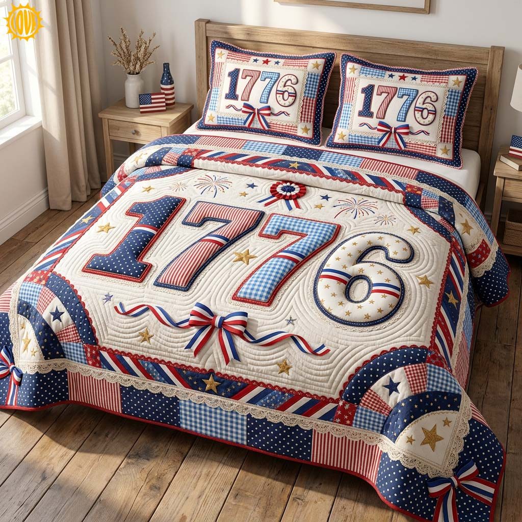 Liberty Star quilted 3-piece bedding set on a made bed in a warmly lit bedroom