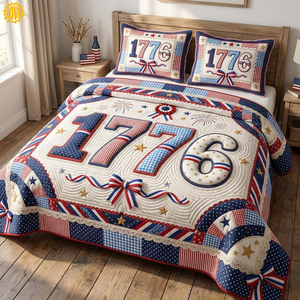 Liberty Star quilted 3-piece bedding set on a made bed in a warmly lit bedroom
