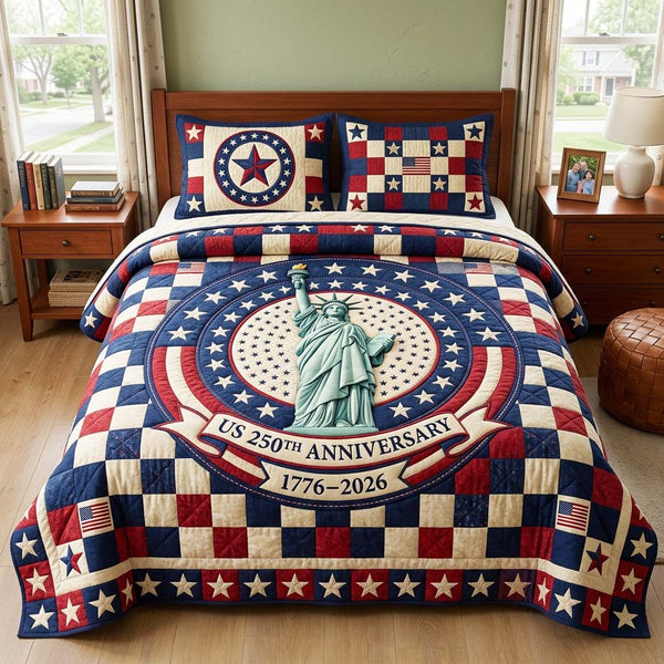 Liberty Star quilted 3-piece bedding set on a made bed in a warmly lit bedroom