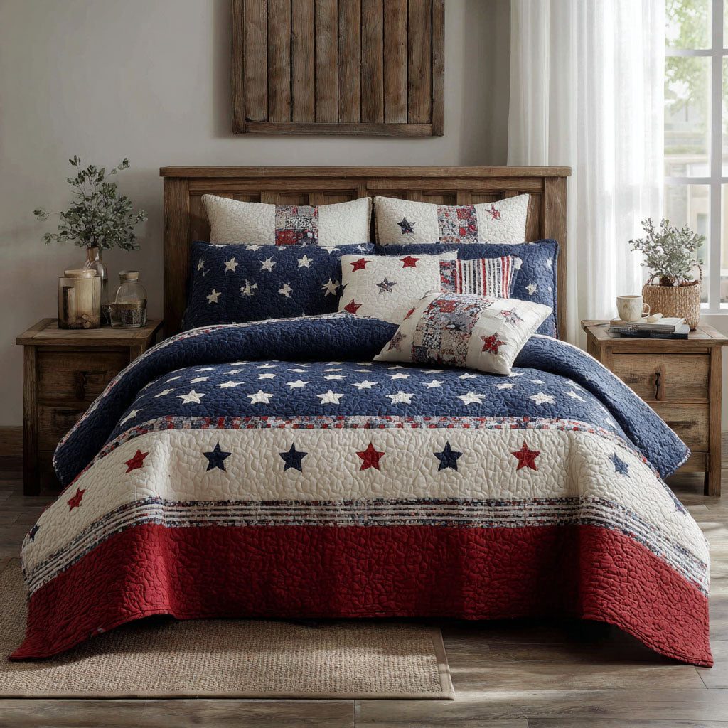 Liberty Star quilted 3-piece bedding set on a made bed in a warmly lit bedroom