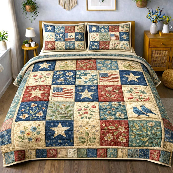 Liberty Stars quilted 3-piece bedding set on a made bed in a warmly lit bedroom