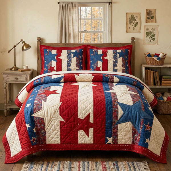 Liberty Stars quilted 3-piece bedding set on a made bed in a warmly lit bedroom