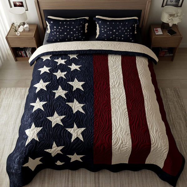 Liberty Stars quilted 3-piece bedding set on a made bed in a warmly lit bedroom