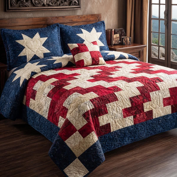 Liberty Stars quilted 3-piece bedding set on a made bed in a warmly lit bedroom