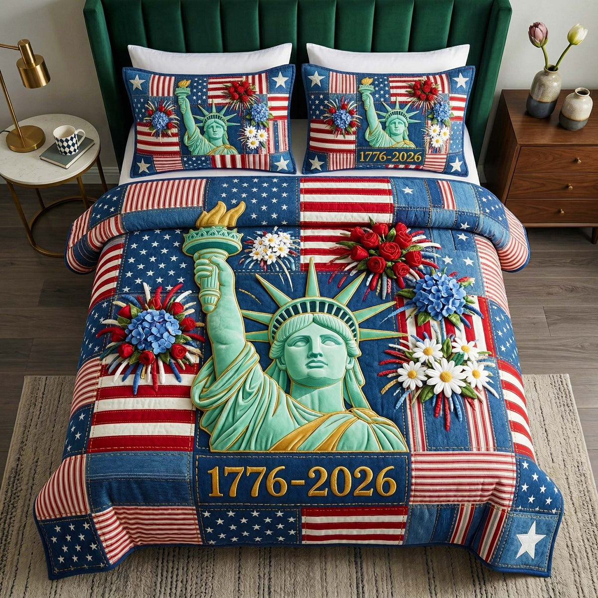 Liberty Statue quilted 3-piece bedding set on a made bed in a warmly lit bedroom