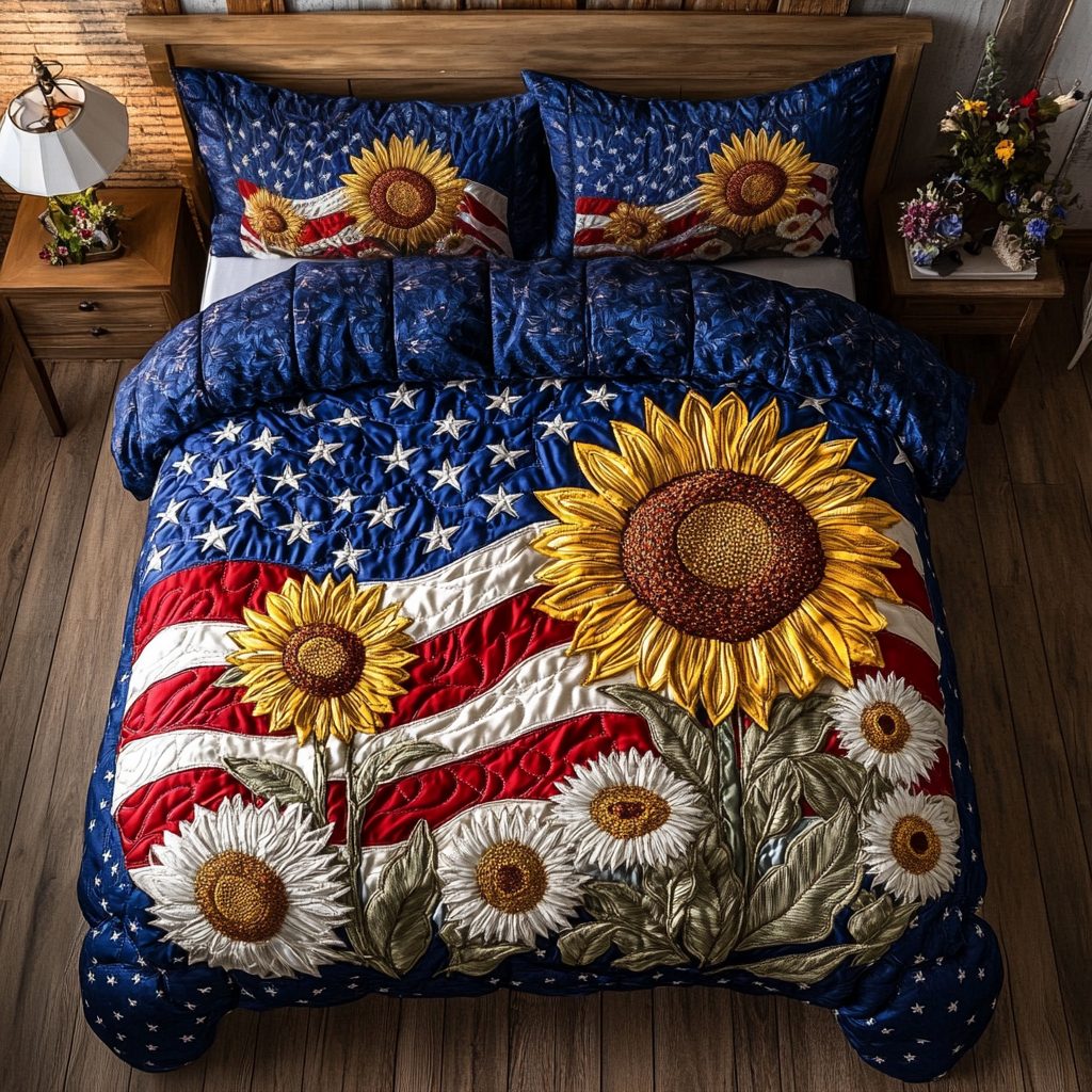 Liberty Sunflower quilted 3-piece bedding set on a made bed in a warmly lit bedroom