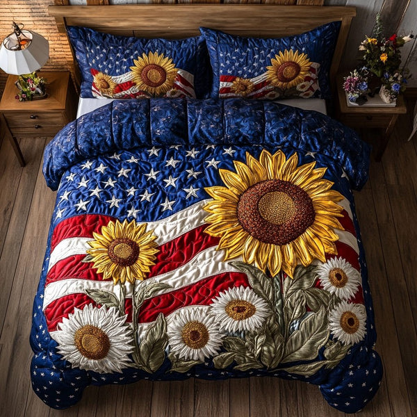 Liberty Sunflower quilted 3-piece bedding set on a made bed in a warmly lit bedroom