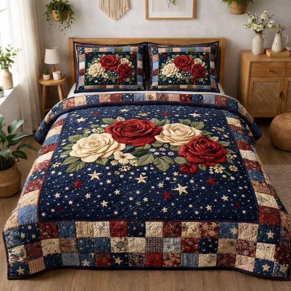 Liberty Tones quilted 3-piece bedding set on a made bed in a warmly lit bedroom