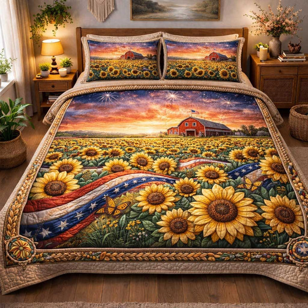 Liberty Tones quilted 3-piece bedding set on a made bed in a warmly lit bedroom