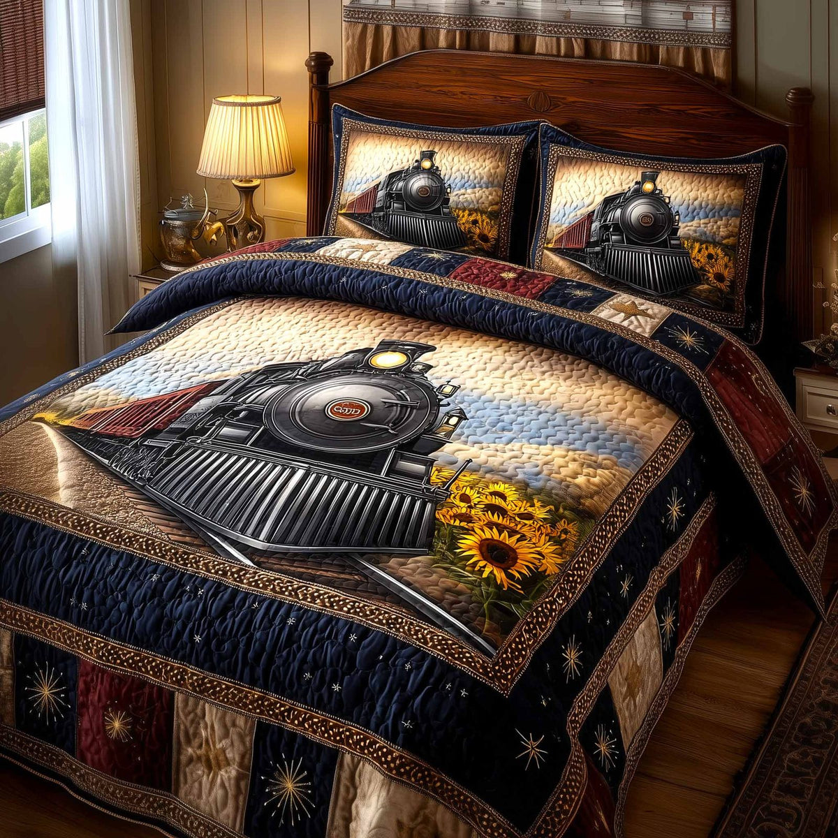Liberty Train quilted 3-piece bedding set on a made bed in a warmly lit bedroom