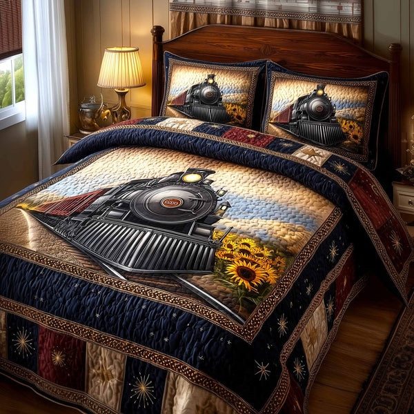 Liberty Train quilted 3-piece bedding set on a made bed in a warmly lit bedroom