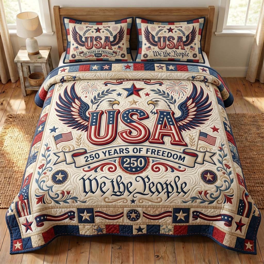 Liberty USA quilted 3-piece bedding set on a made bed in a warmly lit bedroom