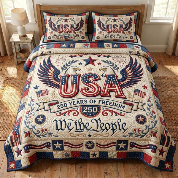 Liberty USA quilted 3-piece bedding set on a made bed in a warmly lit bedroom