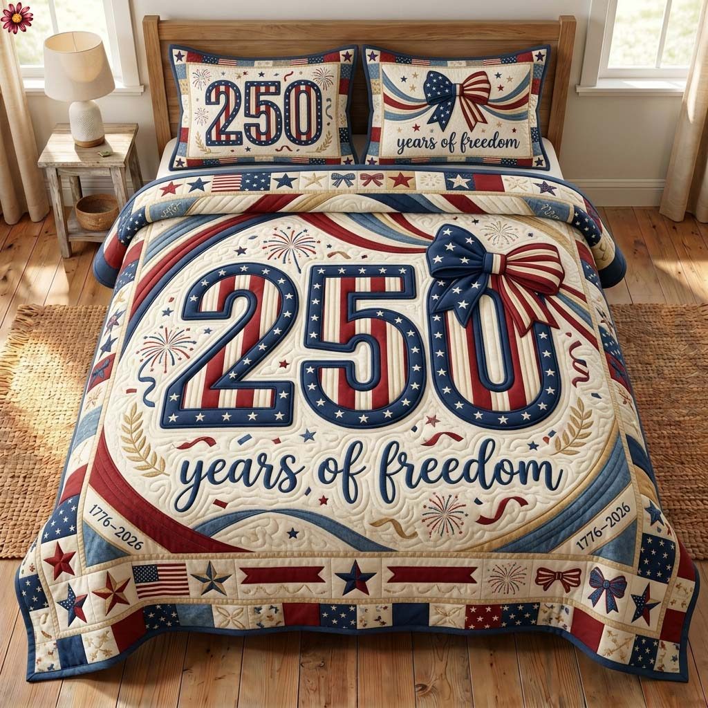 Liberty Voyage quilted 3-piece bedding set on a made bed in a warmly lit bedroom