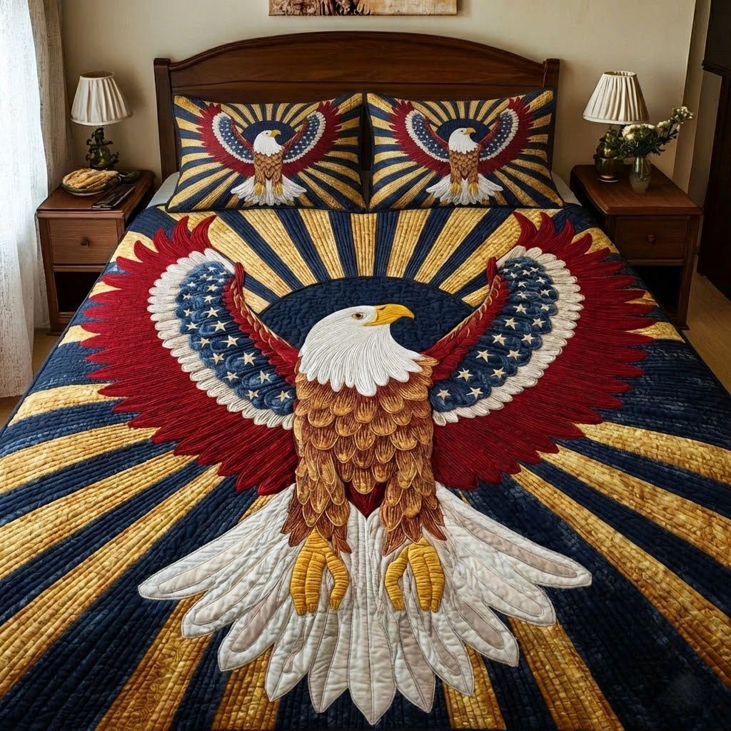 Liberty Wings quilted 3-piece bedding set on a made bed in a warmly lit bedroom