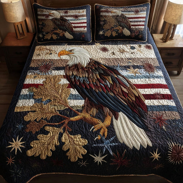 Libertys Wings quilted 3-piece bedding set on a made bed in a warmly lit bedroom