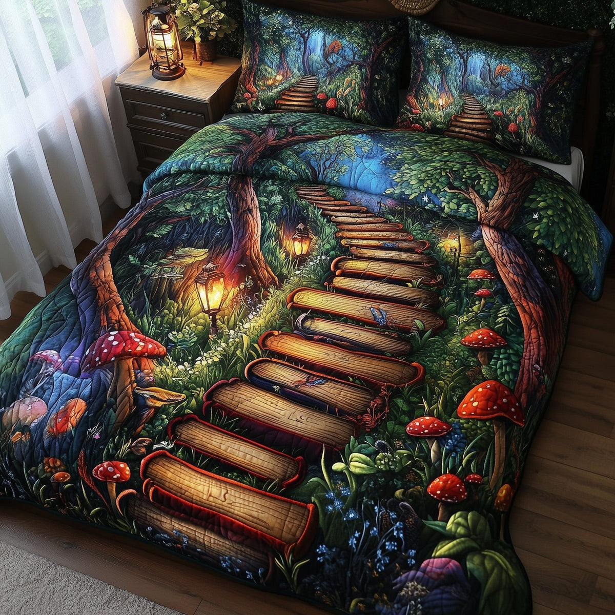 Librarians Escape quilted 3-piece bedding set on a made bed with two matching pillow shams