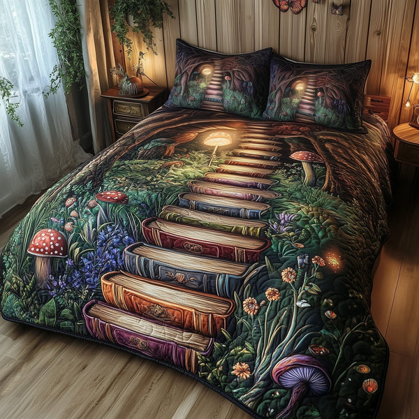 Librarians Escape quilted 3-piece bedding set on a made bed with two matching pillow shams