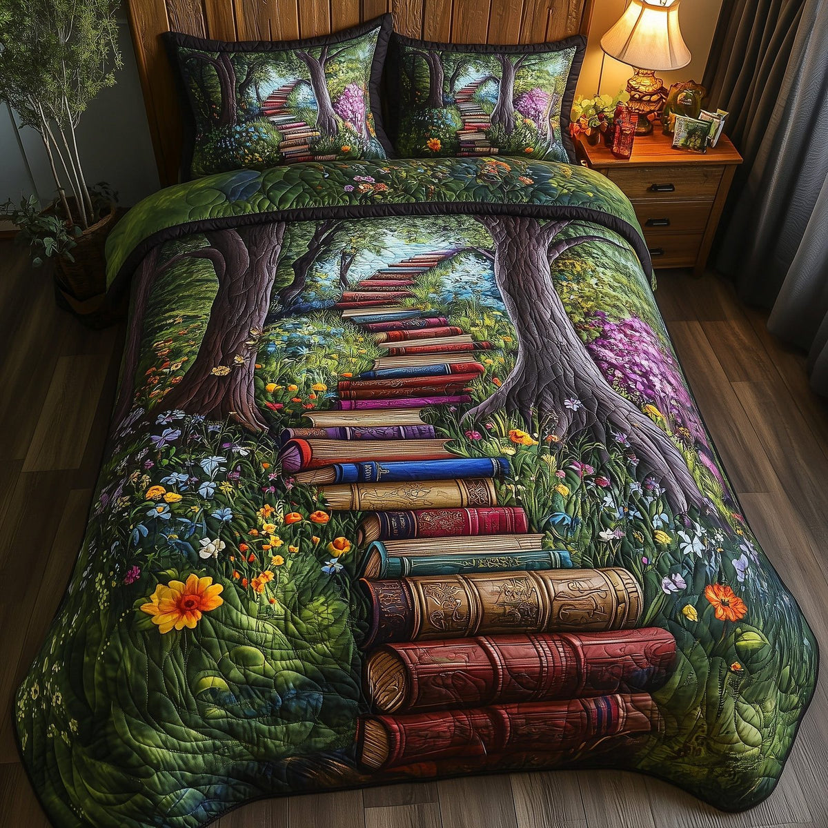 Librarians Escape quilted 3-piece bedding set on a made bed with two matching pillow shams