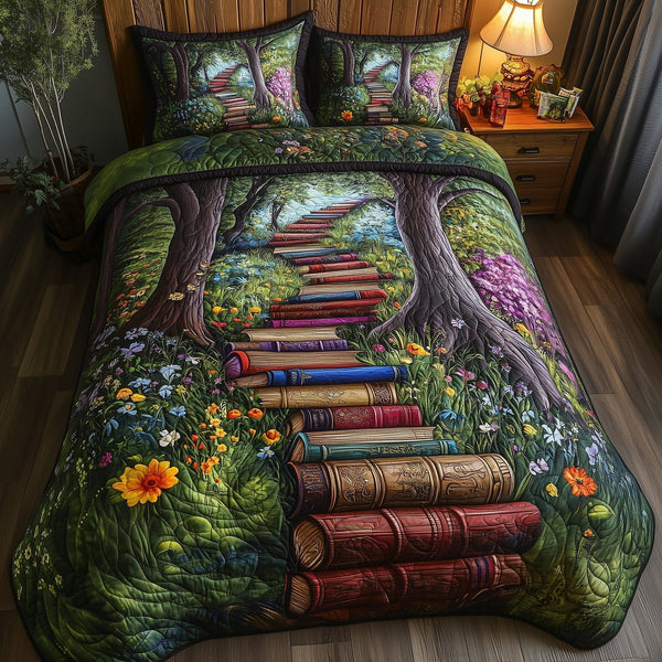 Librarians Escape quilted 3-piece bedding set on a made bed with two matching pillow shams