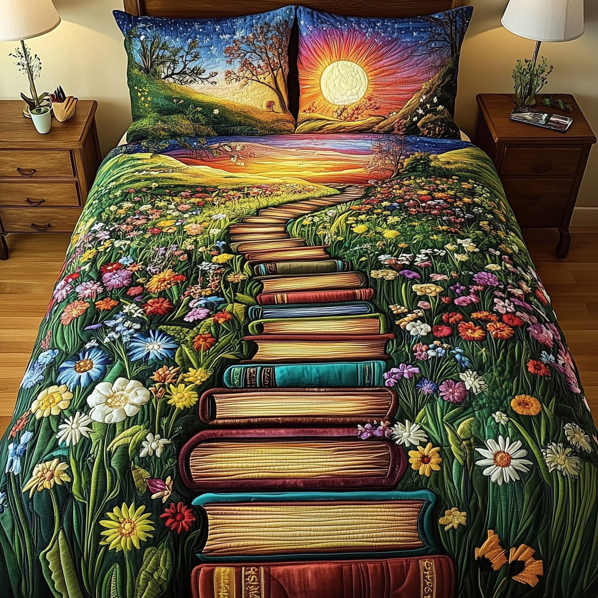 Librarians Escape quilted 3-piece bedding set on a made bed with two matching pillow shams