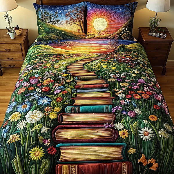 Librarians Escape quilted 3-piece bedding set on a made bed with two matching pillow shams