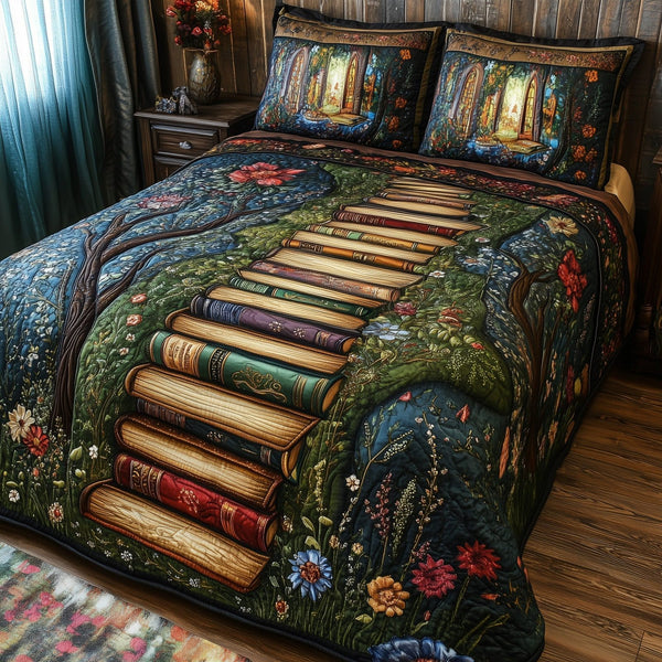 Librarians Escape quilted 3-piece bedding set on a made bed with two matching pillow shams