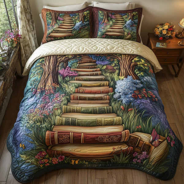 Librarians Escape quilted 3-piece bedding set on a made bed with two matching pillow shams