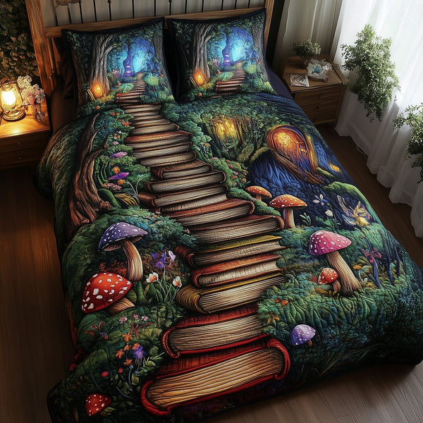Librarians Escape quilted 3-piece bedding set on a made bed with two matching pillow shams
