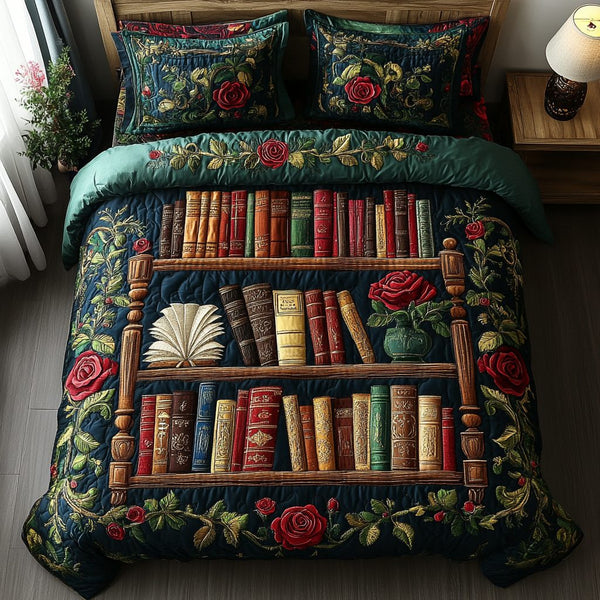 Library Bloom quilted 3-piece bedding set on a made bed with two matching pillow shams