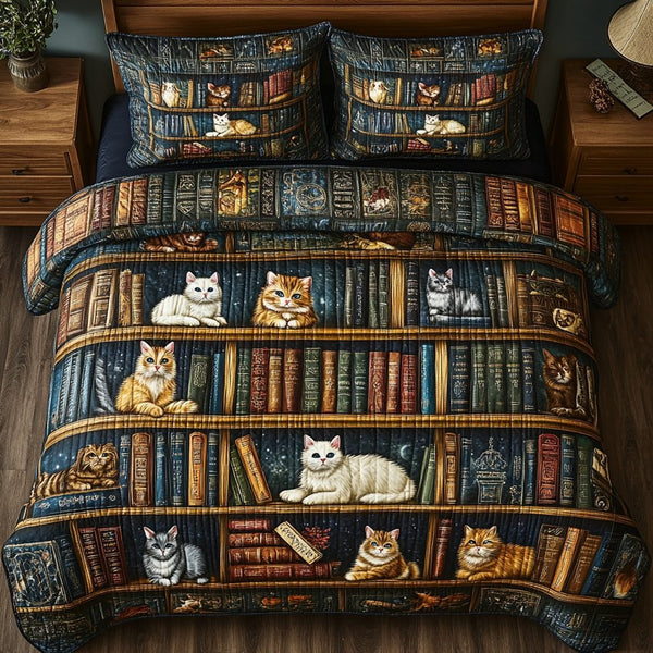 Library Cats quilted 3-piece bedding set on a made bed with two matching pillow shams