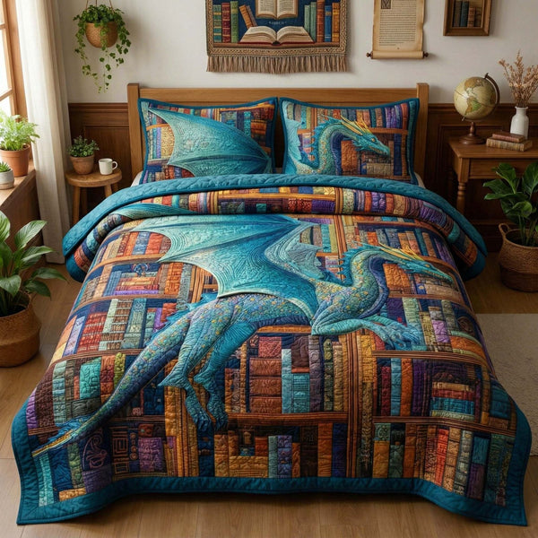 Library Dragon quilted 3-piece bedding set on a made bed with two matching pillow shams