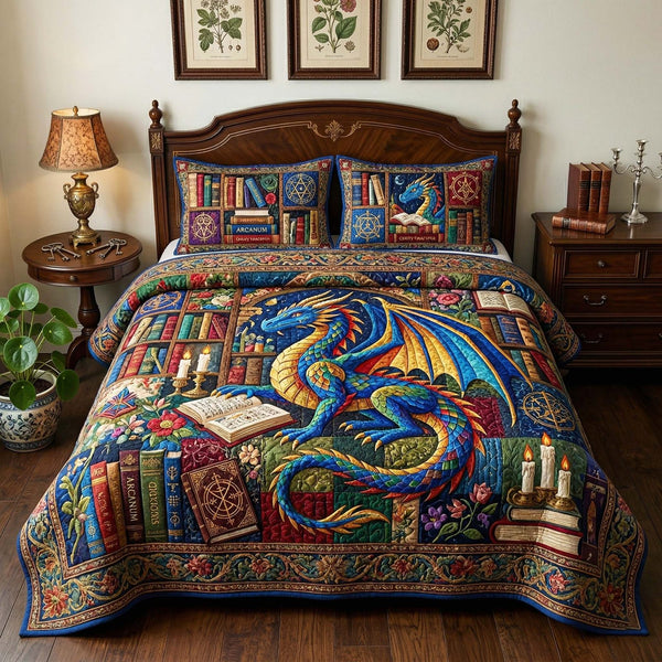 Library Dragon quilted 3-piece bedding set on a made bed with two matching pillow shams