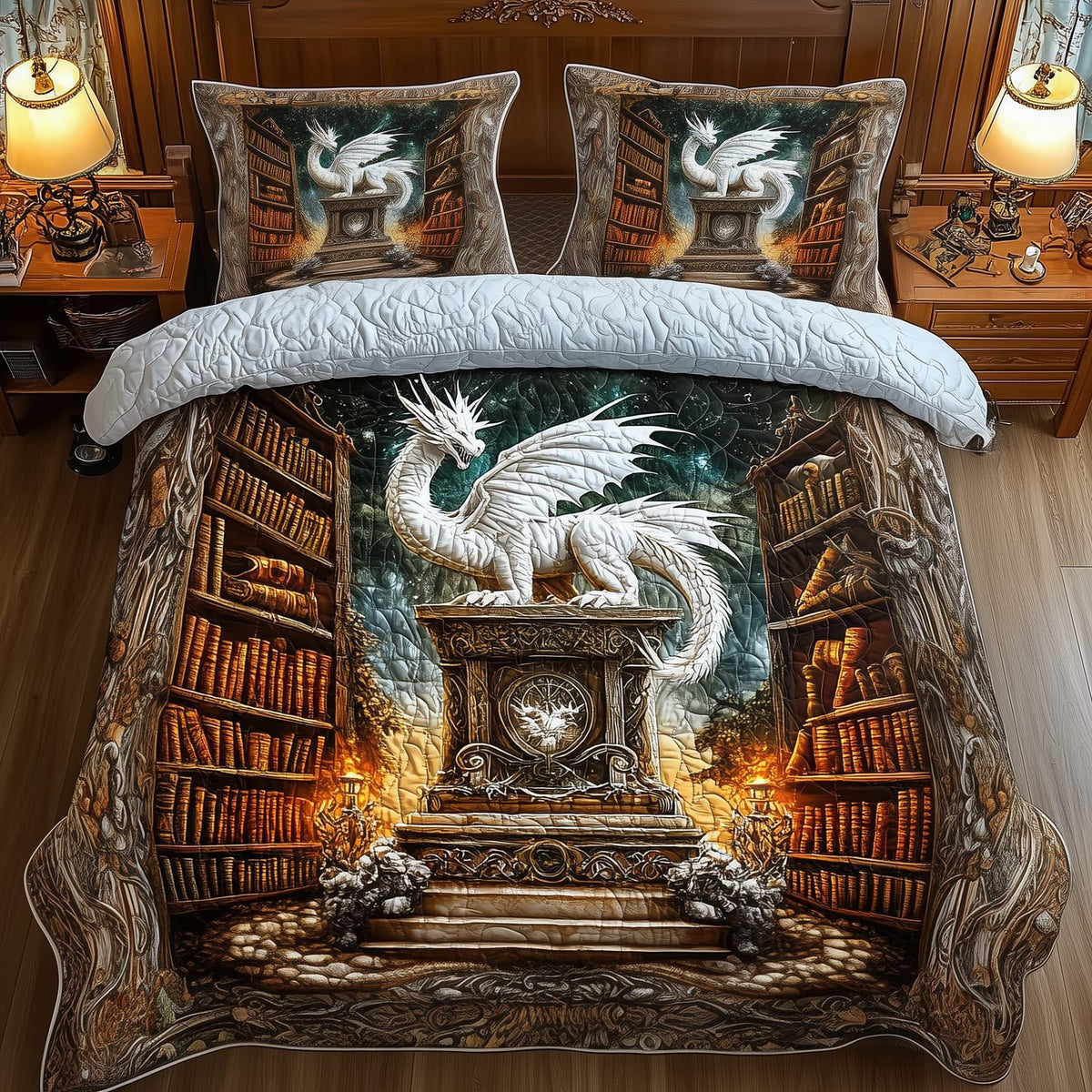 Library Dragon quilted 3-piece bedding set on a made bed with two matching pillow shams