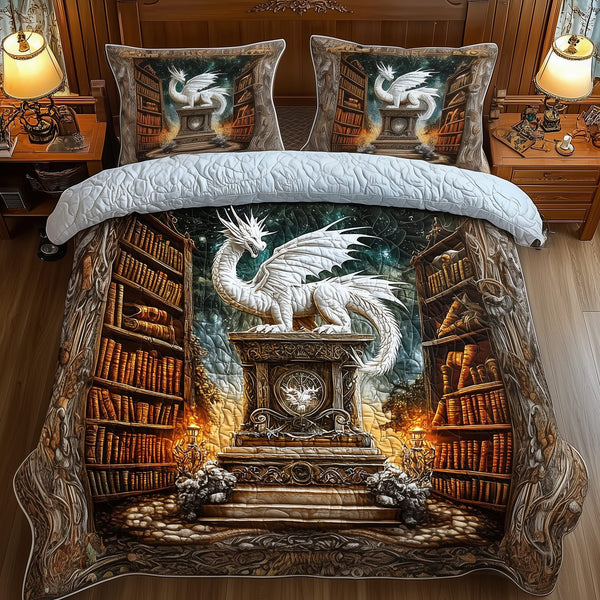 Library Dragon quilted 3-piece bedding set on a made bed with two matching pillow shams