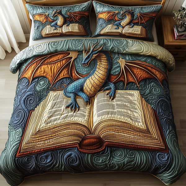 Library Dragon quilted 3-piece bedding set on a made bed with two matching pillow shams