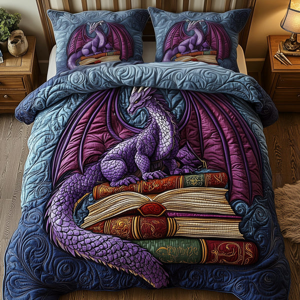 Library Dragon quilted 3-piece bedding set on a made bed with two matching pillow shams