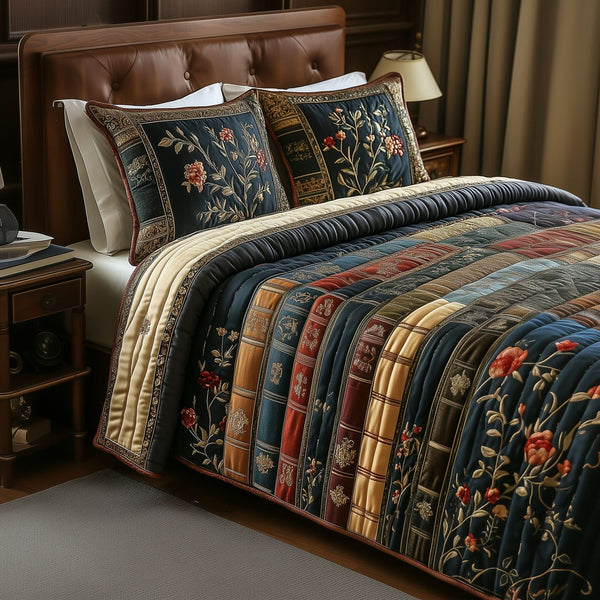 Library Dreams quilted 3-piece bedding set on a made bed with two matching pillow shams