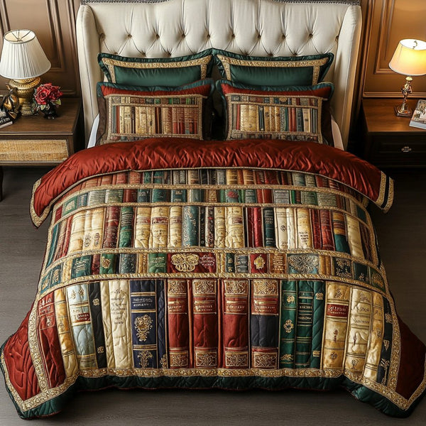 Library Dreams quilted 3-piece bedding set on a made bed with two matching pillow shams