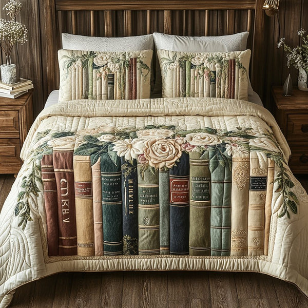Library Garden quilted 3-piece bedding set on a made bed with two matching pillow shams