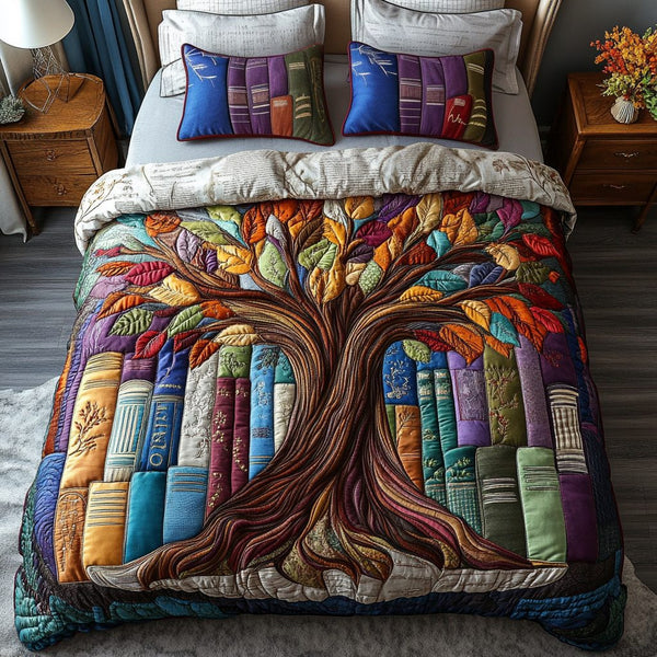 Library Layers quilted 3-piece bedding set on a made bed with two matching pillow shams