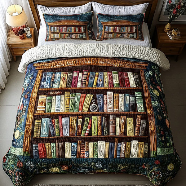 Library Loft quilted 3-piece bedding set on a made bed with two matching pillow shams