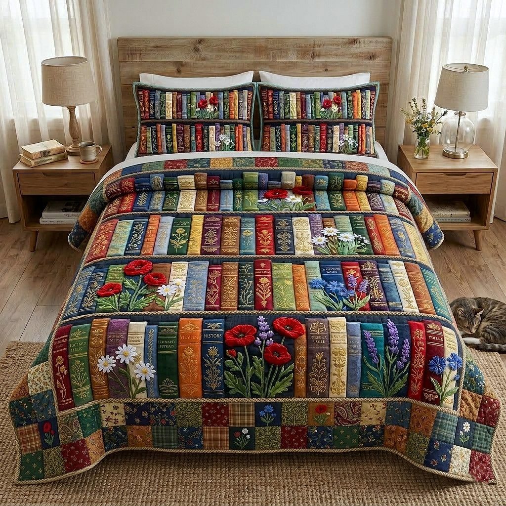Library Nook quilted 3-piece bedding set on a made bed with two matching pillow shams