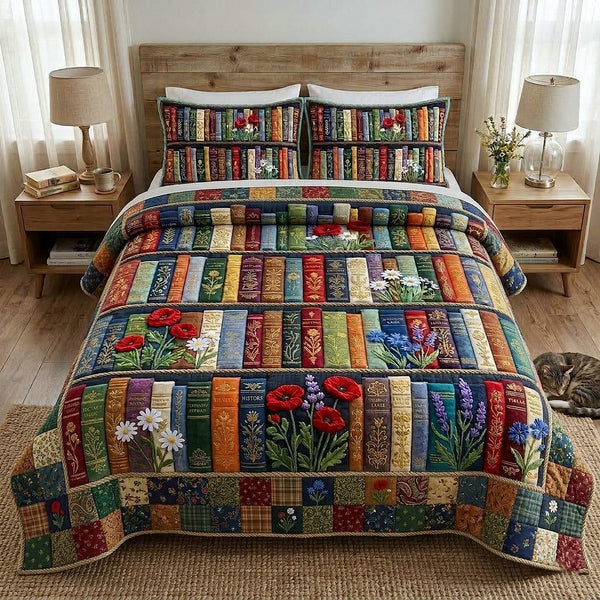 Library Nook quilted 3-piece bedding set on a made bed with two matching pillow shams